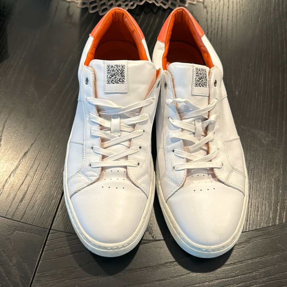 Greats white leather sneakers with orange paint splatter backs men’s size 14